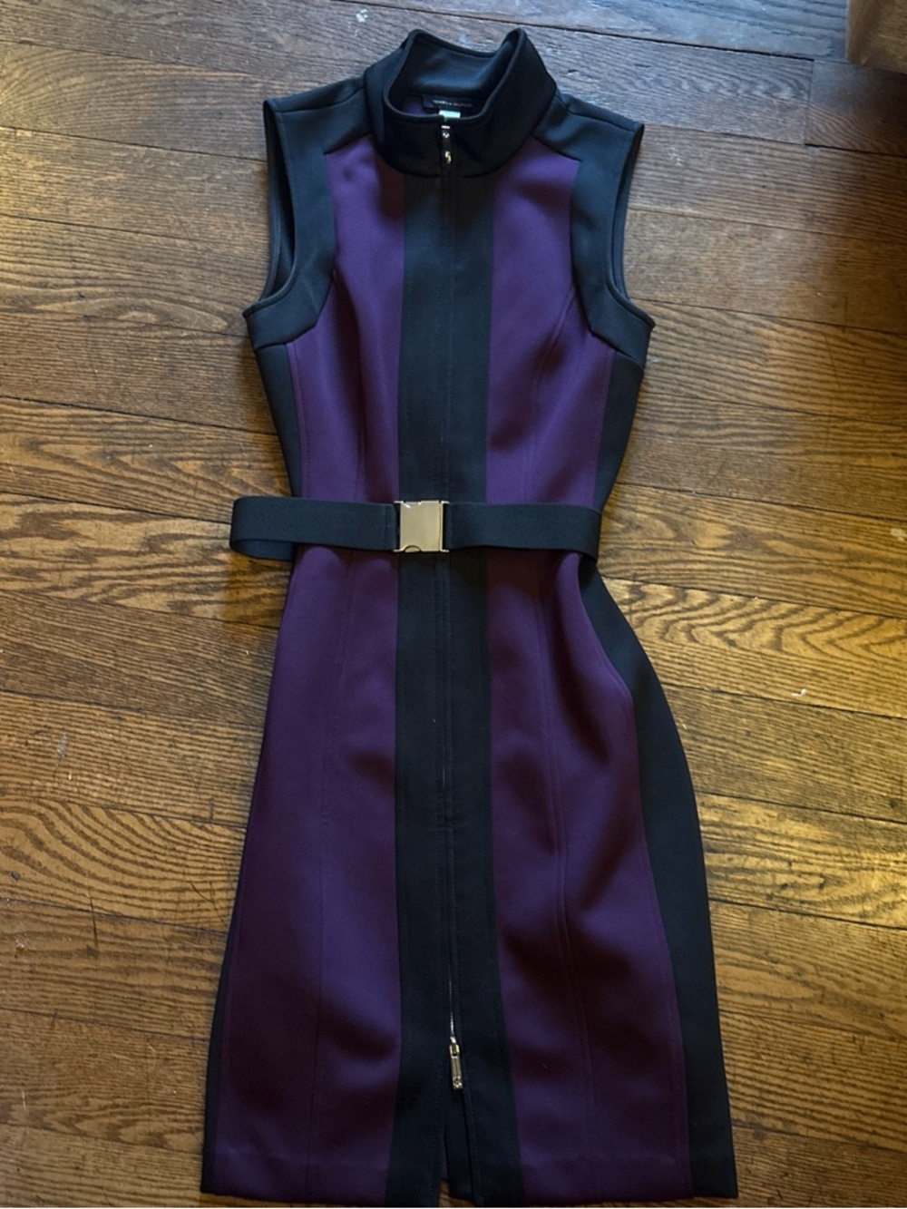 Tommy Hilfiger Purple and Black Zip-Front Midi Dress with Belt